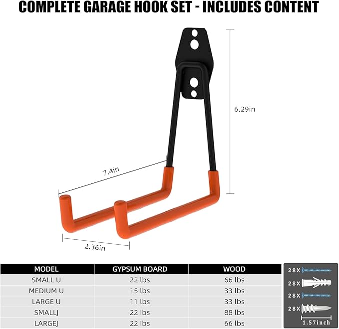 CRXCRC Garage Hooks, 4 Pack Large Square Wall Hooks for Hanging Heavy Duty Ladders, Bikes, Tools Ideal for Garage, Garden, Basement Utility Room Storage (Orange)