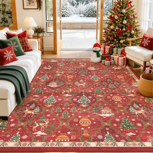 Washable Area Rug Red 5x7 Christmas Rug for Living Room Bedroom Non Slip - Image 2