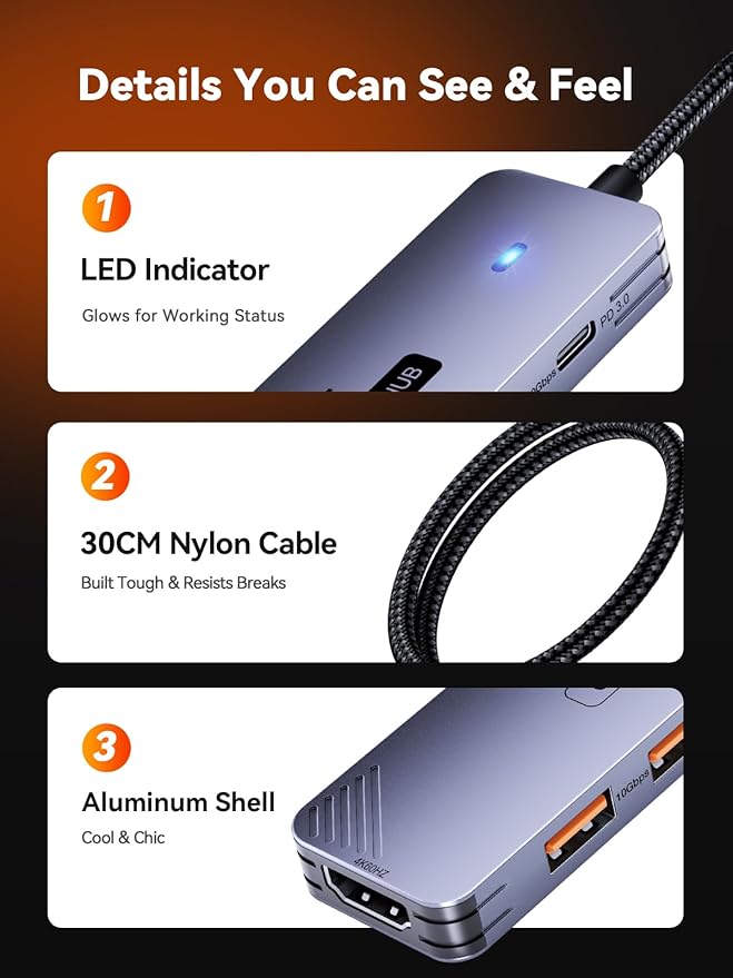 QUUGE USB C Hub 10Gbps, 6-in-1 Aluminum Multiport Adapter for Laptops, 4K@60Hz USB C to HDMI Adapter with 100W PD, 2 USB-A & C 3.2 Data Ports, 30cm Nylon Cable for MacBook Air/Pro, iPad, Thinkpad, XPS