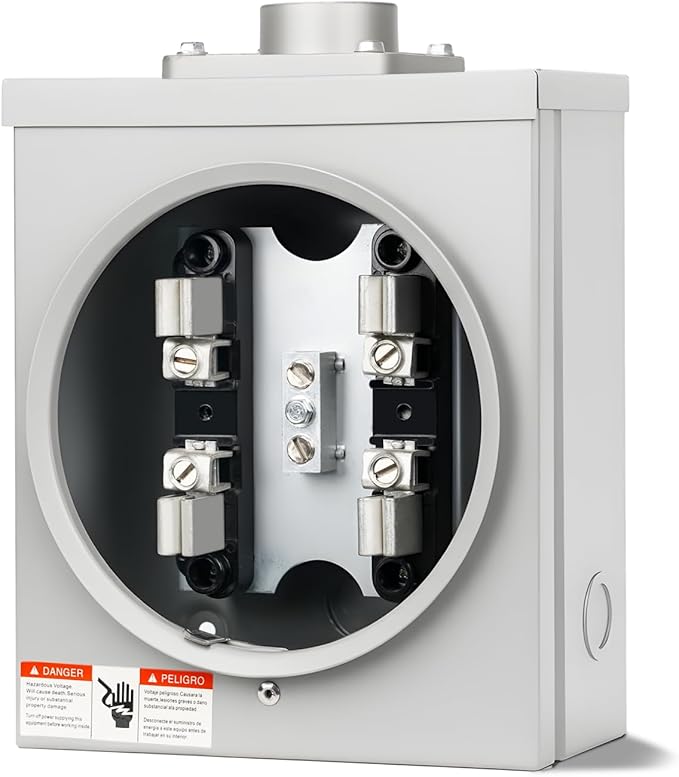 100 Amp Meter Socket, 4 Jaw Meter Base, 600V 3 Wire Ring Type, with Horn Bypass Meter Cover Plate, Suitable for Overhead/Underground Feed