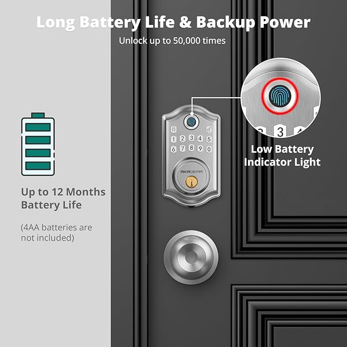 AkaGear DS10 Keyless Entry Door Lock with Door Knob, Fingerprint Door Lock, Electronic Keypad Deadbolt, Smart Door Lock, Smart Locks for Front Door, Auto-Lock - Satin Nickel