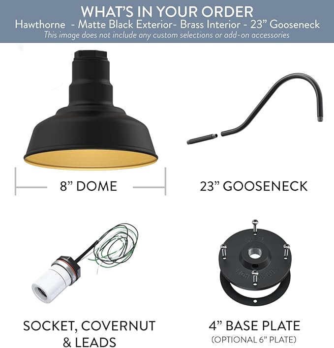 Steel Lighting Co. Hawthorne Barn Light | Outdoor Wall Mounted | 8 inch Dome | 23 inch Gooseneck| Small Farmhouse Light Made in America | Matte Black Exterior/Brass Interior