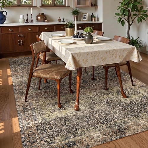 Washable Area Rug 8' x 10' Vintage Traditional Persian Mat - Foldable Distressed Non-Slip Machine Washable Carpet for Living Room Bedroom Kitchen Home Decor - Umber and Slate - Image 3