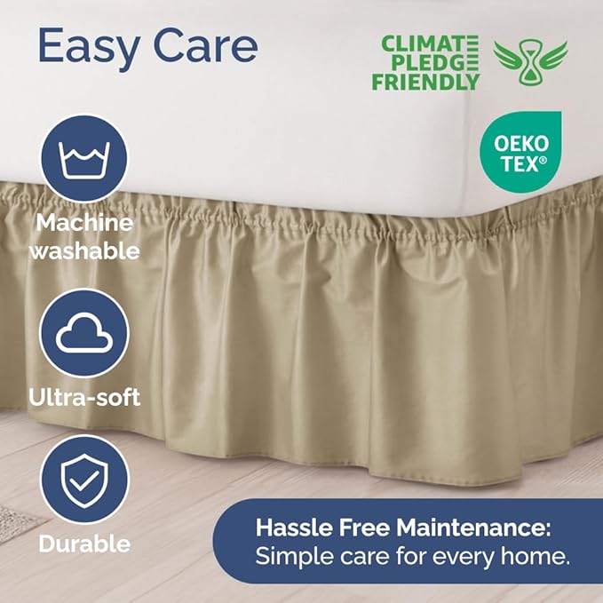 Wrap Around Dust Ruffle Bed Skirt - Beige - for Queen Size Beds with 15 Inch Drop - Easy Fit Elastic Strap - Adjustable Pleated Bedskirt w/Brushed Fabric - Wrinkle Free - for Women, Men, Kids & Teens