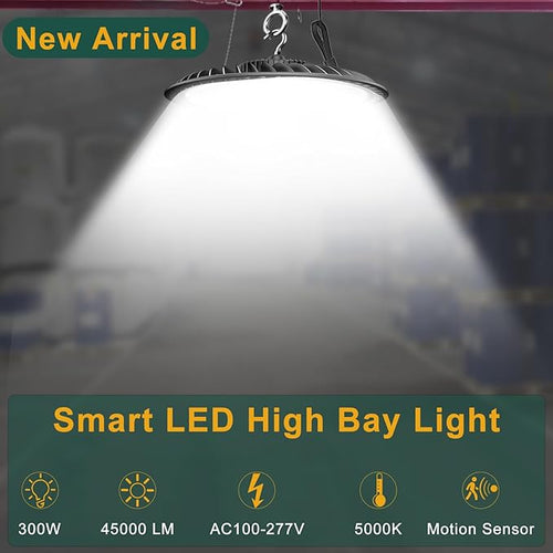 ACOHOOK Smart 300W High Bay LED Shop Lights 45000lm Commercial Bay Lighting with Normal Mode & Motion Sensor Mode AC100-277V UFO Lights for 30-50FT Height-4Pack
