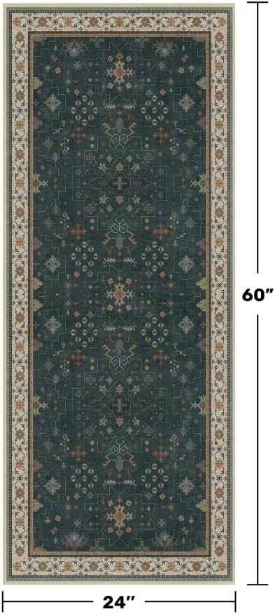 Dark Green 2x5 Kitchen Rug - Modern Vintage Boho Eclectic Floral Pastel, Washable Low Pile Non-Slip Small Runner Rugs for Entryway Door Mat Indoor Entrance, Bedroom, Hallway - Image 2