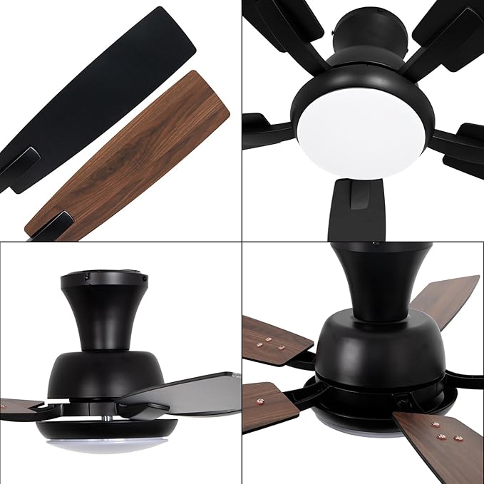 revoici Ceiling Fans with Lights, 52 Inch Black and Brown Wood Ceiling Fan, 6 Speed and Reversible DC Motor, Modern 5 Blade Low Profile Flush Mount Ceiling Fan for Living Room, Outdoor Patio