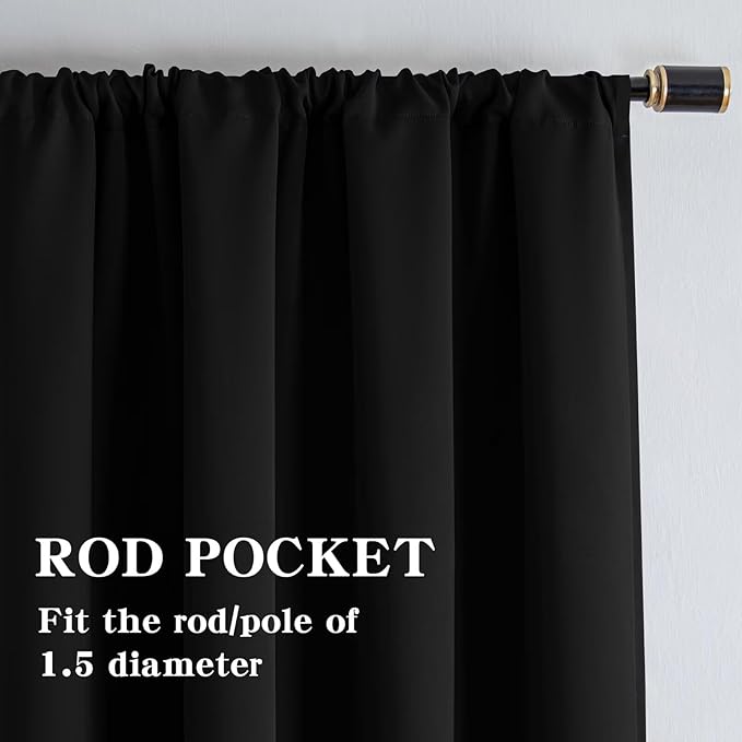 Blackout Curtains 90 Inches Long 2 Panels Set, Black Curtains Thermal Insulated Room Darkening Drapes for Bedroom, Rod Pocket Light Blocking Drapes Living Room Windows(52W × 90L, Black)