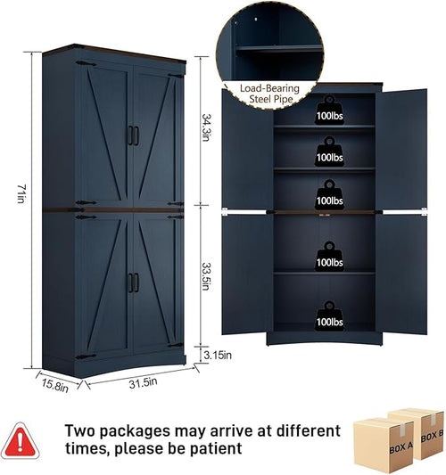 71" Tall Kitchen Pantry,Farmhouse Storage Cabinet with Adjustable Shelves,Load-Bearing Steel Pipe,Farmhouse Pantry Cabinet with 4 Barn Doors,for Kitchen,Dining Room,Living Room(Blue)
