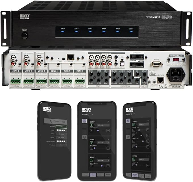 OSD Audio Nero Max12: 6-Zone, 6-Source Amplifier 80W Power, Multi-Room Audio Control, App Integration for iOS & Android, Expand up to 18 Zones, Control4 Driver Support