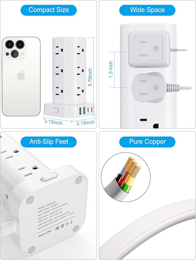 Power Strip Tower with Multiple Outlets, Flat Plug Surge Protector Tower Extension Cord with 12 AC Outlets 4 USB Ports (2 USB C), 6FT Cord Power Tower Surge Protector for Home Office Dorm Room, White