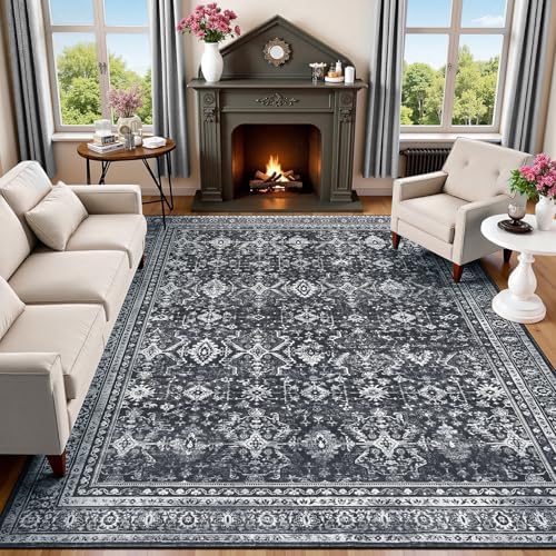 8x10 Area Rugs for Living Room, Black Washable Non-Slip Large Carpet by Lofus