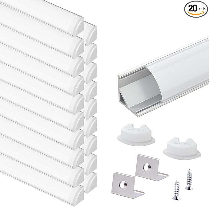 VST 20pack 3.3ft LED Channel, V Shape Led Diffuser Channel, LED Aluminum Channel System with Milky Cover, End Caps and Mounting Clips, Aluminum Profile for LED Strip Light Very Easy Installation