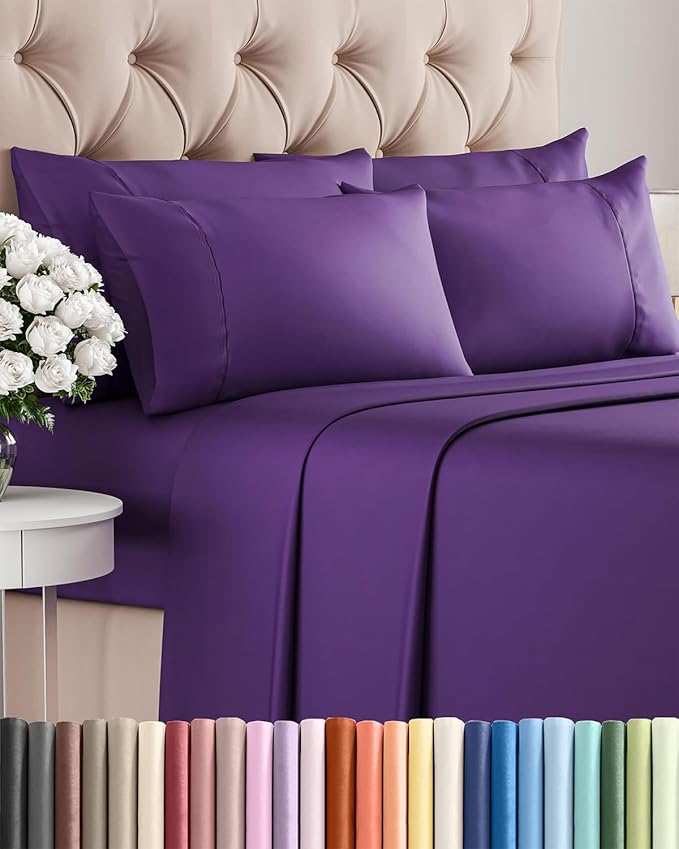 Queen 6 Piece Sheet Set - Cooling, Comfy & Breathable - Hotel Luxury Bedding, Includes Fitted Sheet for Women, Men, Kids and Teens - 1 Flat, 1 Fitted Sheet, 4 Pillowcases with Deep Pockets - Purple