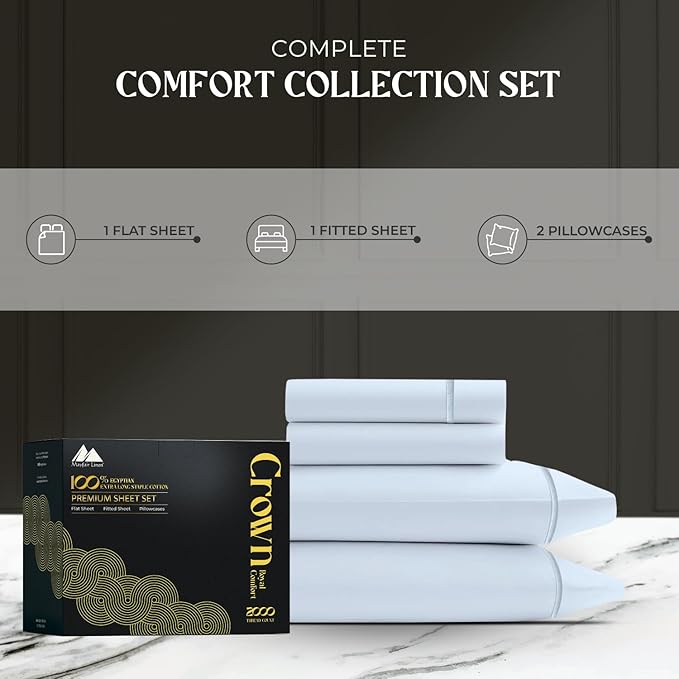 Mayfair Linen 100% Egyptian Cotton King Sheets Set - 2000 Series Luxury Sheets King Size Bed Set, Soft & Cooling, Sateen Weave 17" Extra Deep Pocket Hotel Collection Sheet (4 Pc, Light Blue)