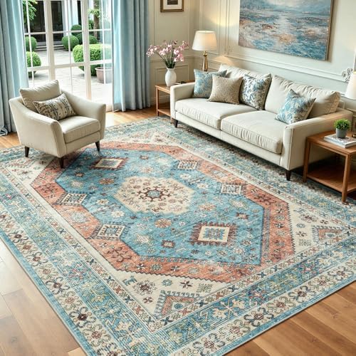 Lofus Living Room Rugs 5x7, Boho Terracotta and Blue Washable Carpet by Lofus