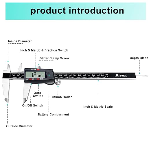 Kynup Digital Caliper, 8 Inch Micrometer Caliper Tool, Vernier Caliper with Stainless Steel Body, Large LCD Screen, Auto - Off Feature, Inch Metric Fraction Conversion (200mm)