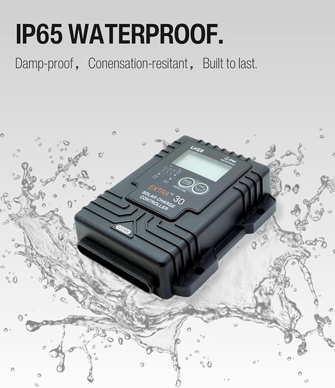 LNEX Solar Charge Controller Waterproof,30A Solar Panel Regulator with Temp Sensor,Backlit LCD, 12V/24V PWM Solar Controller for LiFePO4,AGM, Gel, Flooded and Lithium Battery