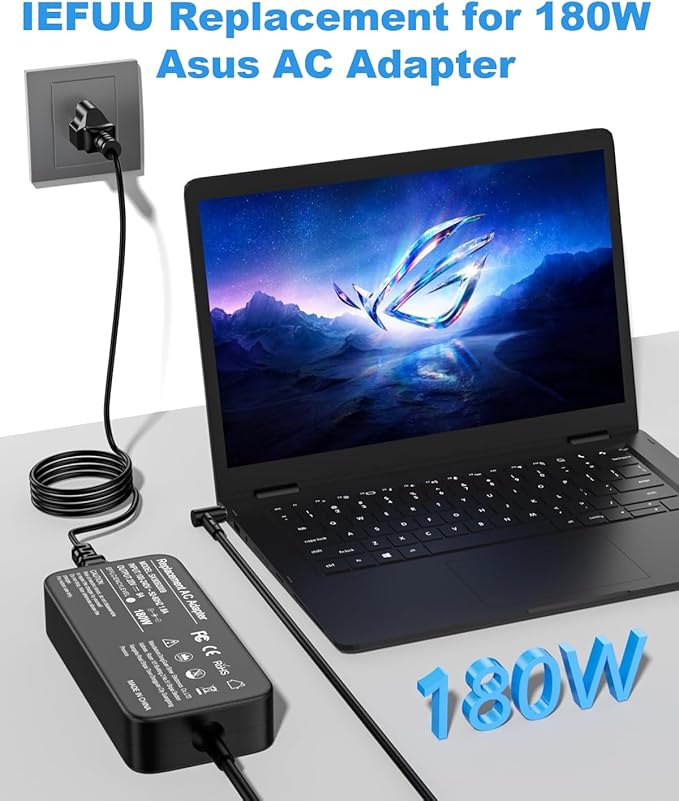IEFUU 180W Laptop Charger Compatible with ASUS ROG Zephyrus G14 2022 2023 2024 GA401 GA401I G15 GA502 GA502D GA502DU TUF Gaming F15 F17 FX505D FX505G FX505DD Gaming ADP-180TB H AC Adapter Power Cord