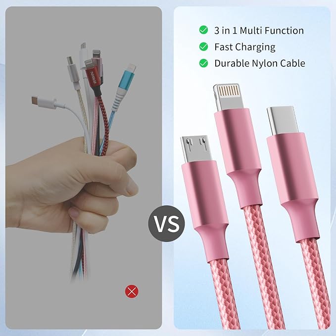 Multi Charging Cable,(2Pack 4FT) 3 in 1 Charging Cable for Multiple Devices, Nylon Braided Universal Charger Phone Charger Cord with Type-C,Micro USB,IP Port for iPhone16/15 Series/Phone&Pad-Pink