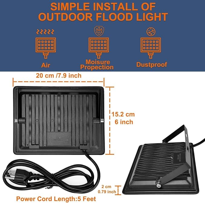 XXBSAZ 100W LED Flood Lights Outdoor, Plug-in & Hardwired Security Lights, IP66 Waterproof 6500K Daylight for Driveway, Garage & Backyard (2 Pack)