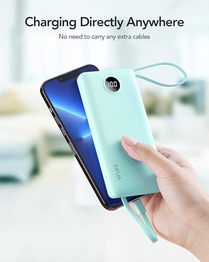 VRURC Portable Charger for iPhone, 22.5W Fast Charging Power Bank 10000mAh, USB C Battery Pack 4 Outputs 3 Inputs, Slim Phone Charger with Cables for iPhone 17 16 15 14 13,Samsung Galaxy-Green(1 Pack)