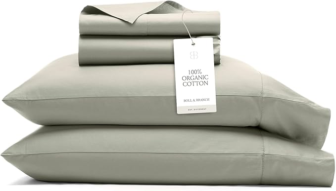 BOLL & BRANCH Signature Hemmed Sheet Set - Full, Sageleaf - Luxury 100% Organic Cotton - Includes 1 Flat, 1 Fitted, 2 Pillowcases - Buttery Soft