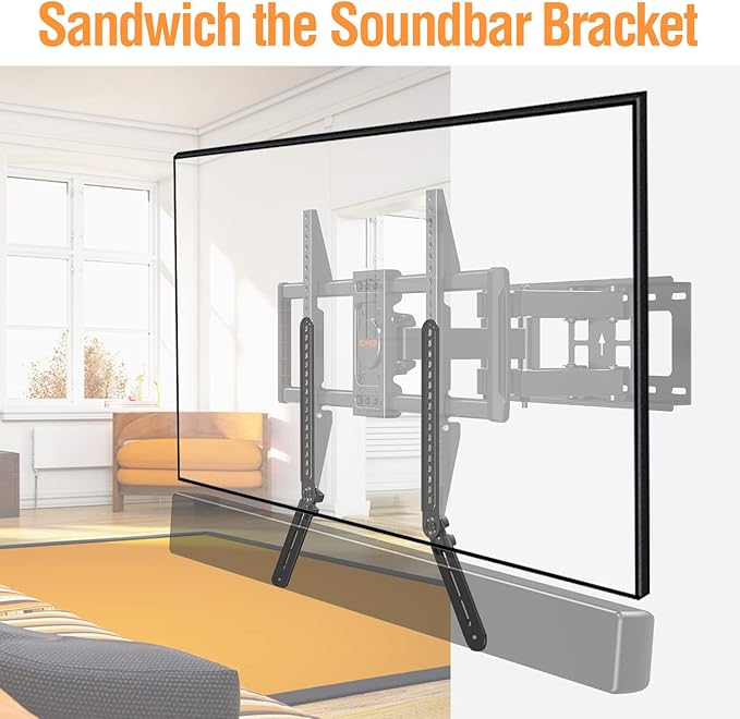 ELIVED Soundbar Mount, Sound Bar TV Bracket, for Mounting Above or Under TV, Fits Most Sound Bars Up to 15 Lbs, Tool-Free Knob Adjustable, for 23-90" tvs with Detachable Extension Arms and L-Brackets