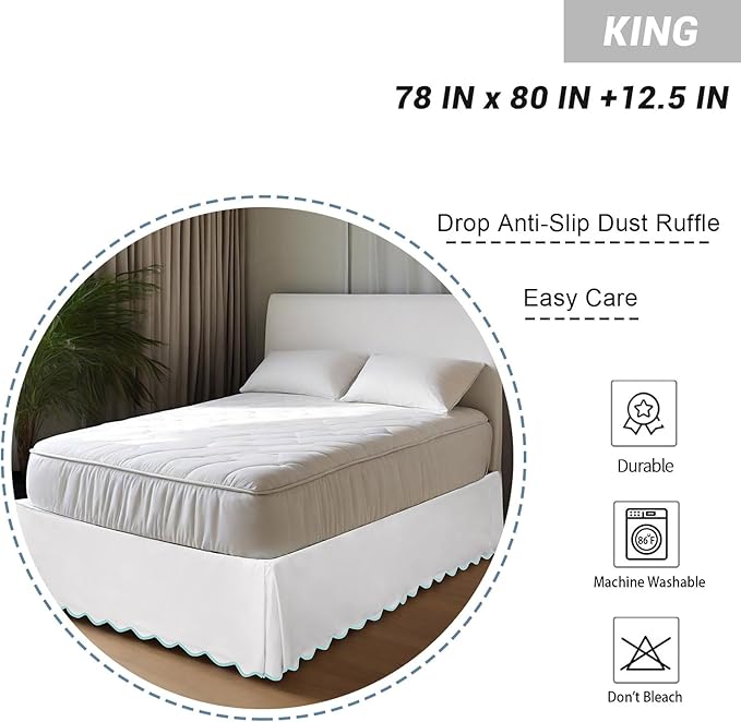 HIG King Bed Skirt - Easy Fit Scallop Edge Pleated Bedskirts with Spilt Coner, 12 Inch Drop Anti-Slip Dust Ruffle, Thick Fabric for Enhanced Privacy, Pre-Washed for Long-Lasting Use, Machine Washable