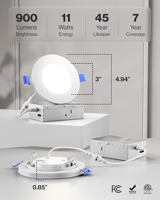 Sunco 4 Inch LED Recessed Lights with Night Light, Slim Ceiling Lighting, 900 LM, 11W (110W Equiv), Selectable CCT 2700K/3000K/3500K/4000K/5000K, Dimmable, Canless with Junction Box ETL 4 Pack.
