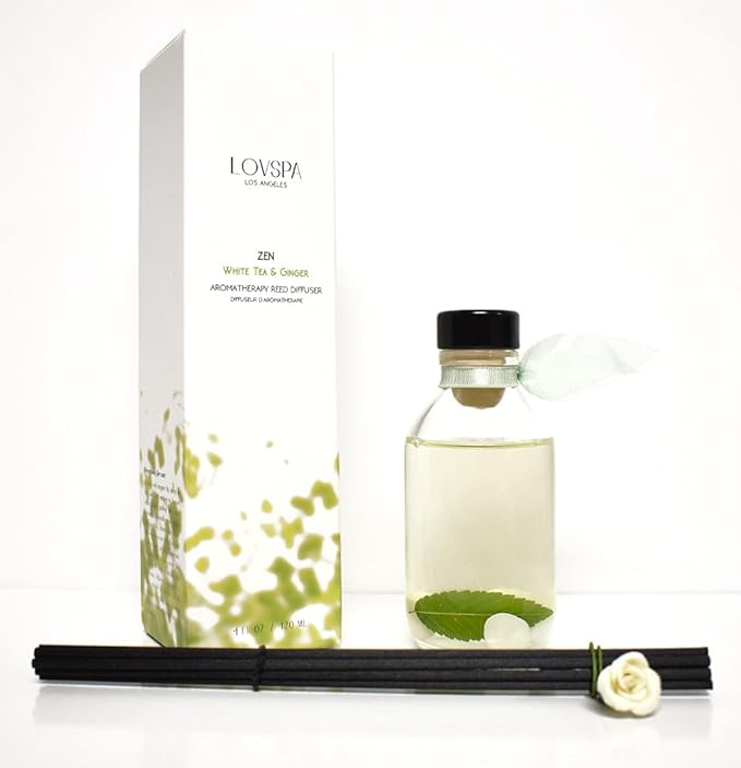 LOVSPA Reed Diffuser Set, Zen White Tea & Ginger Scented Oil Diffuser with Sticks, Home Fragrance Accessories for Bathroom Shelf Decor, Aroma Diffusers for Home or Office Desk, USA Made