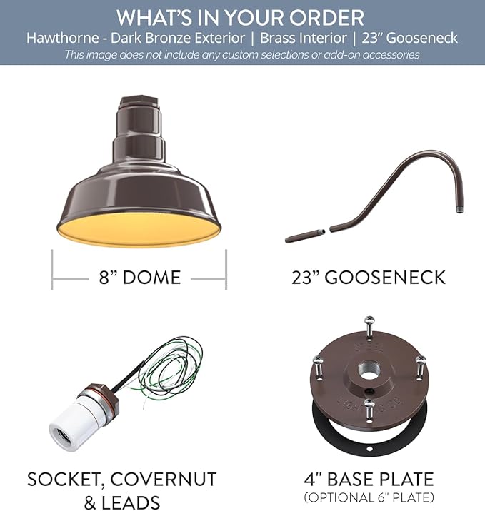 Steel Lighting Co. Hawthorne Barn Light | Outdoor Wall Mounted | 8 inch Dome | 23" Gooseneck | Small Farmhouse Light Made in America | Dark Bronze Exterior/Brass Interior