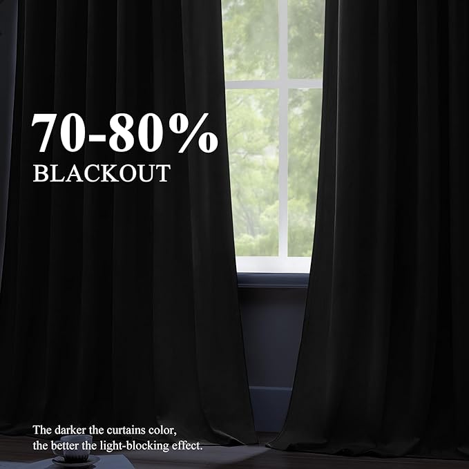AUSSPVOCT 90 Inch Long Velvet Curtains for Living Room, Light Reducing Thermal Curtain Back Tab & Rod Pocket Elegant Soundproof Soft Room Darkening Window Drapes for Bedroom, W52 x L90, Black, 2 Pcs