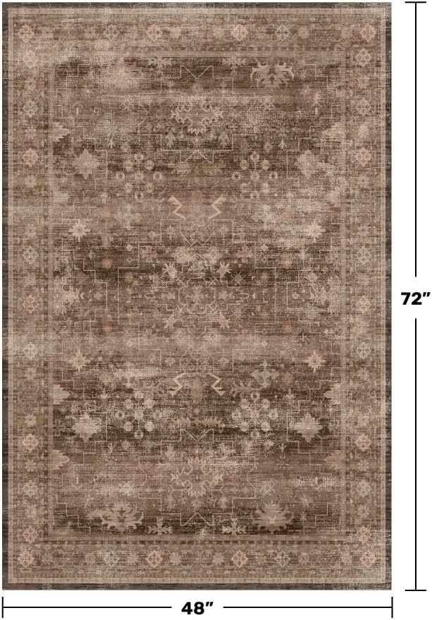 Boho Taupe Brown 4x6 Living Room Rug - Modern Traditional Oriental Neutral, Washable Low Pile Non-Slip Small Area Rugs for Entryway, Bedroom, Foyer, Mudroom - Image 2
