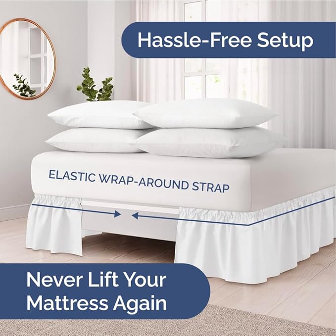 Wrap Around Dust Ruffle Bed Skirt - White - for King Size Beds with 12 Inch Drop - Easy Fit Elastic Strap - Adjustable Pleated Bedskirt w/Brushed Fabric - Wrinkle Free - for Women, Men, Kids & Teens