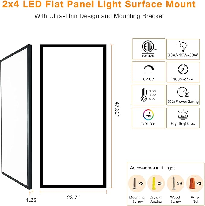 Mcacggo Black 2x4 FT LED Flat Panel Light Surface Mount 2 Pack, 0-10V Dimmable, 5000K-4000K-3000K & 30W-40W-50W Selectable, Flush Mount Ceiling Lights 24x48 inch, ETL Listed, 100-277V