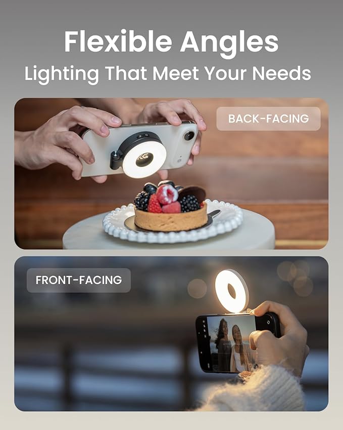 KraftGeek Magnetic Selfie Light for iPhone, Portable Phone Ring Light with Rechargeable Battery, Compact LED Phone Light for Travel, Video Recording, Vlogging