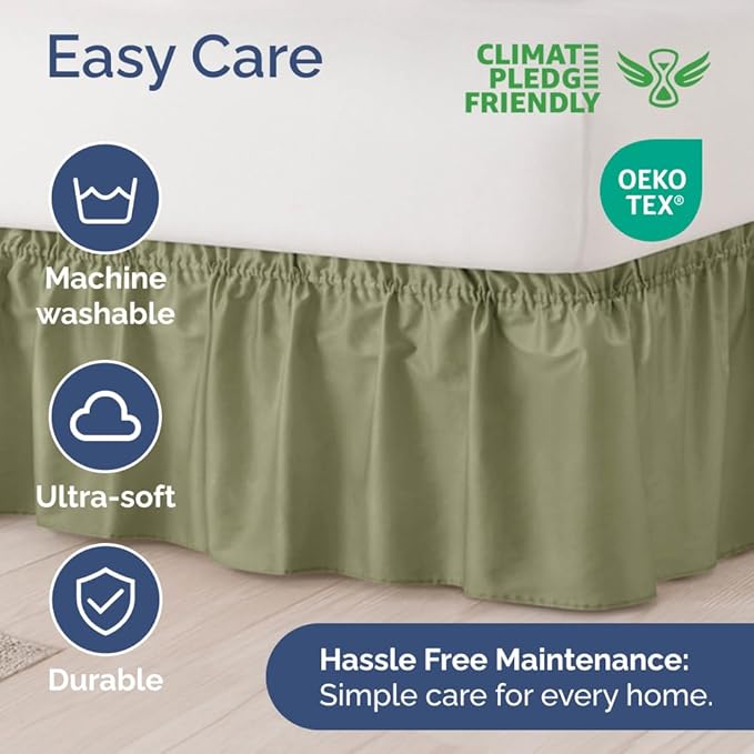 Wrap Around Dust Ruffle Bed Skirt - Sage Green - for Queen Size Beds with 18 Inch Drop - Elastic Strap - Adjustable Pleated Bedskirt with Brushed Fabric and Wrinkle Free - For Women, Men, Kids & Teens