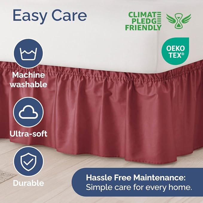 Wrap Around Dust Ruffle Bed Skirt - Burgundy - for Full Size Beds with 21 Inch Drop - Easy Fit Elastic Strap - Adjustable Pleated Bedskirt w/Brushed Fabric Wrinkle Free - for Women, Men, Kids & Teens