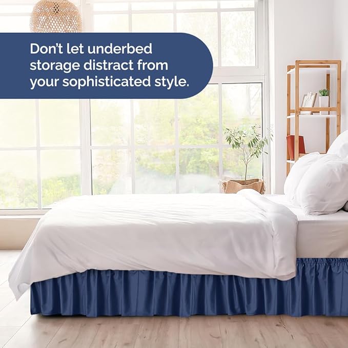 Wrap Around Dust Ruffle Bed Skirt - Navy Blue - for Queen Size Beds w/ 16 Inch Drop - Easy Fit Elastic Strap - Adjustable Pleated Bedskirt with Brushed Fabric, Wrinkle Free Women, Men, Kids and Teens