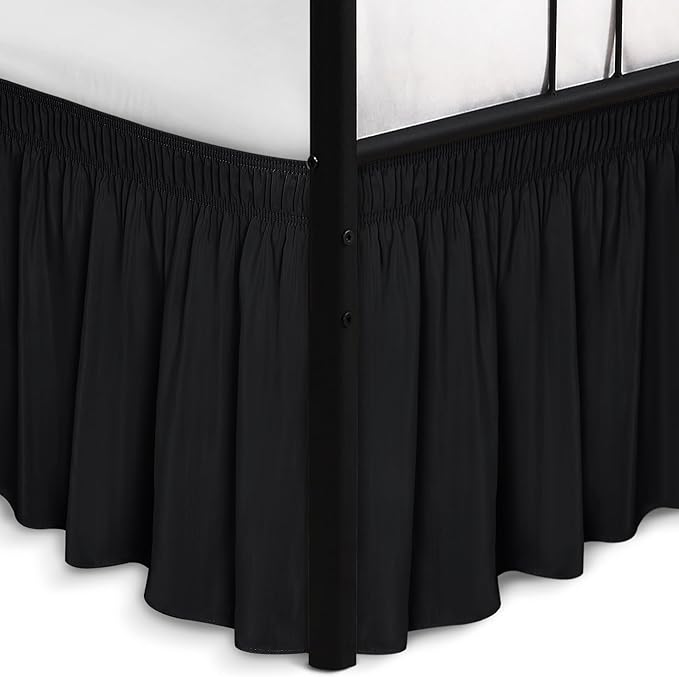Biscaynebay Wrap Around Bed Skirts with Split Corners for Queen Beds 15" Drop, Black Adjustable Elastic Dust Ruffles Easy Fit Wrinkle Resistant Silky Luxurious Fabric Machine Washable