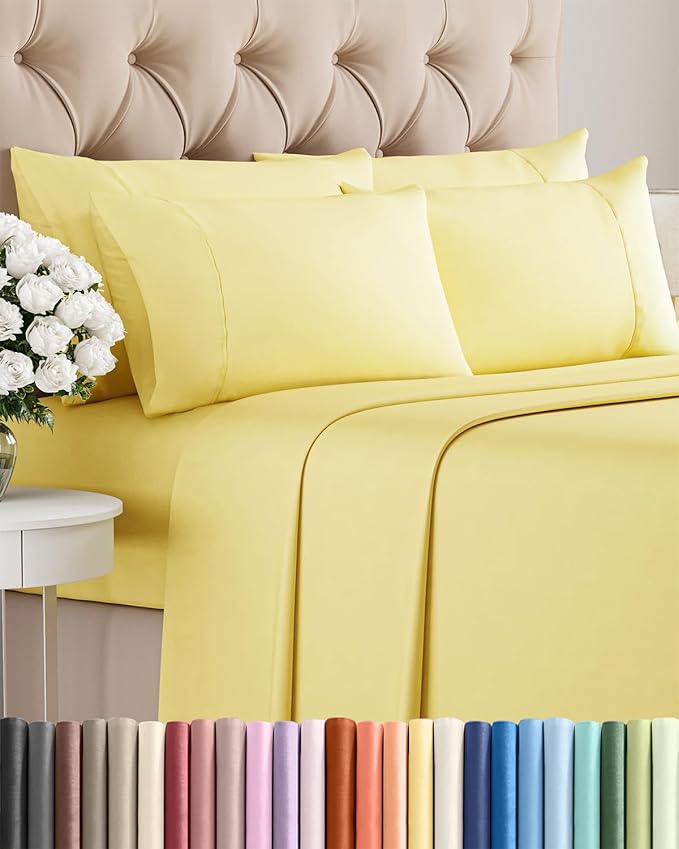 King 6 Piece Sheet Set - Cooling, Comfy & Breathable - Hotel Luxury Bedding, Includes Fitted Sheet for Women, Men, Kids and Teens - 1 Flat, 1 Fitted Sheet, 4 Pillowcases with Deep Pockets - Yellow