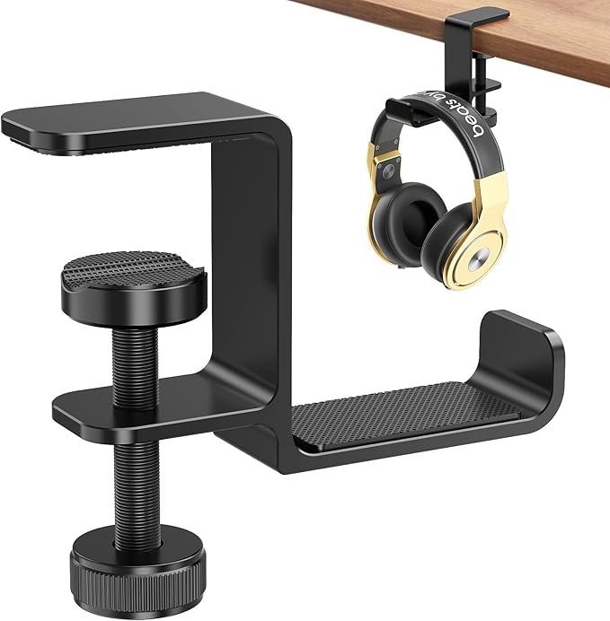 Yocice Headphone Hanger Holder Stand-Under Desk Headphone Hanger， Headset Hook Holder Space-Saving Aluminum Stand with Universal Fit for Gaming PC Accessories (Black-1PCS)