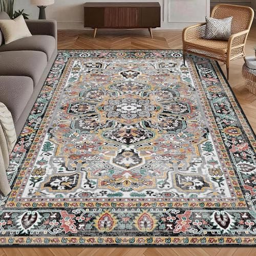 Washable Area Rug 9' x 12' Vintage Traditional Persian Mat - Foldable Distressed Non-Slip Machine Washable Carpet for Living Room Bedroom Kitchen Home Decor - Slate and Multicolor by Unknown