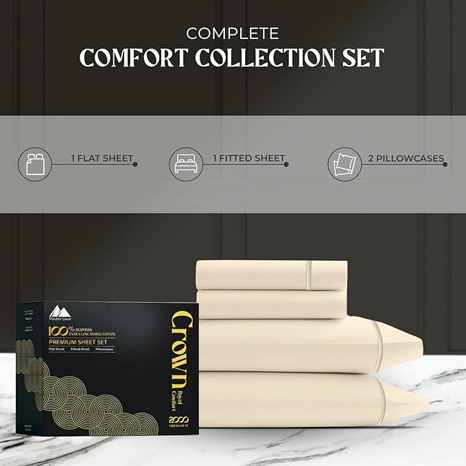 Mayfair Linen 100% Egyptian Cotton Queen Sheets Set - 2000 Series Luxury Sheets Queen Size Bed Set, Soft & Cooling, Sateen Weave 17" Extra Deep Pocket Hotel Collection Sheet (4 Pc, Ivory)