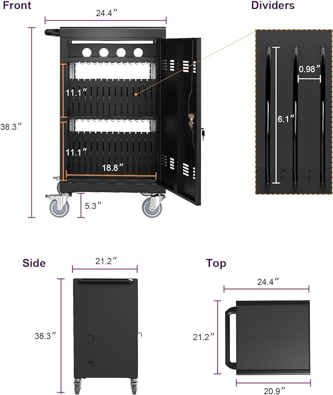 OFLILAK 36-Device Mobile Charging Cart with Charging Power Strip and Front and Rear Access Locks, Cable Management, Up to 17"", Safe Charging Cabinet for Ipads, Chromebooks, Tablets, Laptops Black
