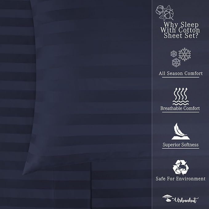 URBANHUT 800 Thread Count 100% Cotton Damask Twin Size Sheets, 4 Piece Striped Twin Size Bedsheets, Luxury Hotel Sheets Sateen Weave - Better Than Egyptian, 14" Elasticized Deep Pocket- Navy Blue