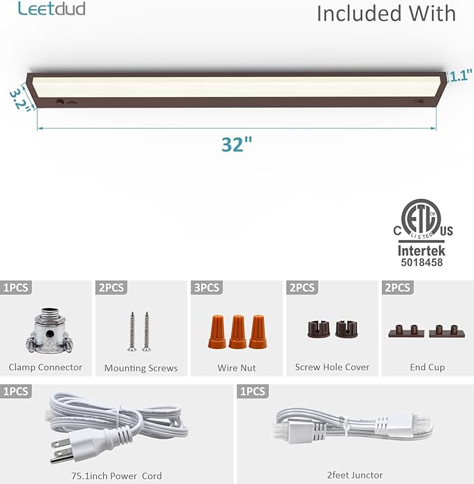 Leetdud Under Cabinet Lighting Plug in or Hardwired Built-in Dimmer, 32 Inch 16W, 5CCT 2700/3000/3500/4000/5000K, Linkable Counter Lights for Kitchen, ETL Dimmable LED Light Fixture, Bronze