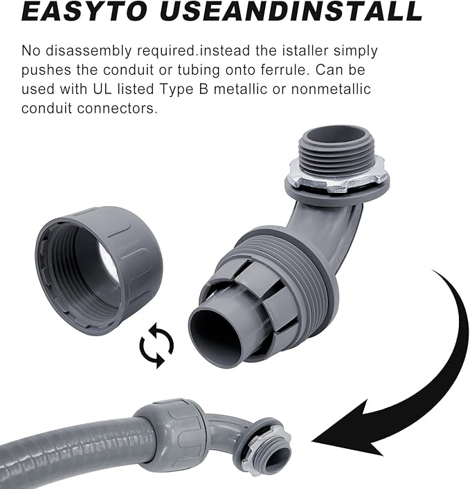 Wocloer 3/4 inch Liquid Tight Connector PVC Flexible Conduit Connector Kit,UL Listed,180 Degree and 90 Degree Connector Fittings 20 Pack(10 Pcs 180D/10 Pcs 90D)