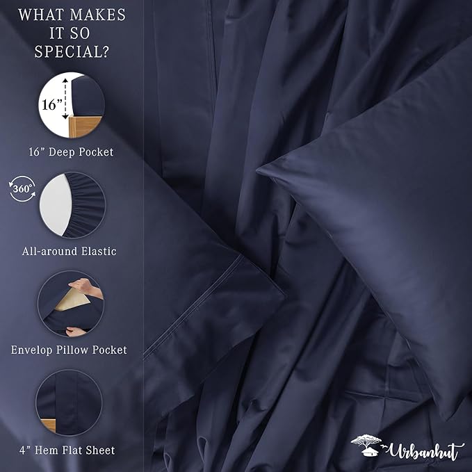 URBANHUT 800 Thread Count 100% Cotton Queen Size Sheets, Luxury 4 Piece Queen Bedsheets, Hotel Sheets Sateen Finish - Better Than Egyptian, 16" Elasticized Deep Pocket - Navy Blue